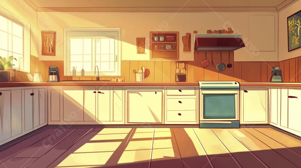 Ilustração Digital de Cozinha Ensolarada com Design Aconchegante e Copy Space