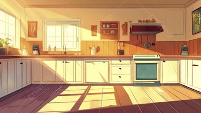 Ilustração Digital de Cozinha Ensolarada com Design Aconchegante e Copy Space