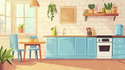 Ilustração Digital de Cozinha Ensolarada com Design Aconchegante e Copy Space