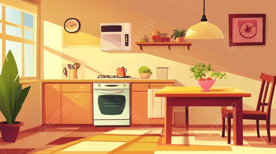 Cozinha aconchegante iluminada pelo sol da manhã