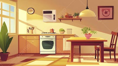 Ilustração Digital de Cozinha Ensolarada com Design Aconchegante e Copy Space