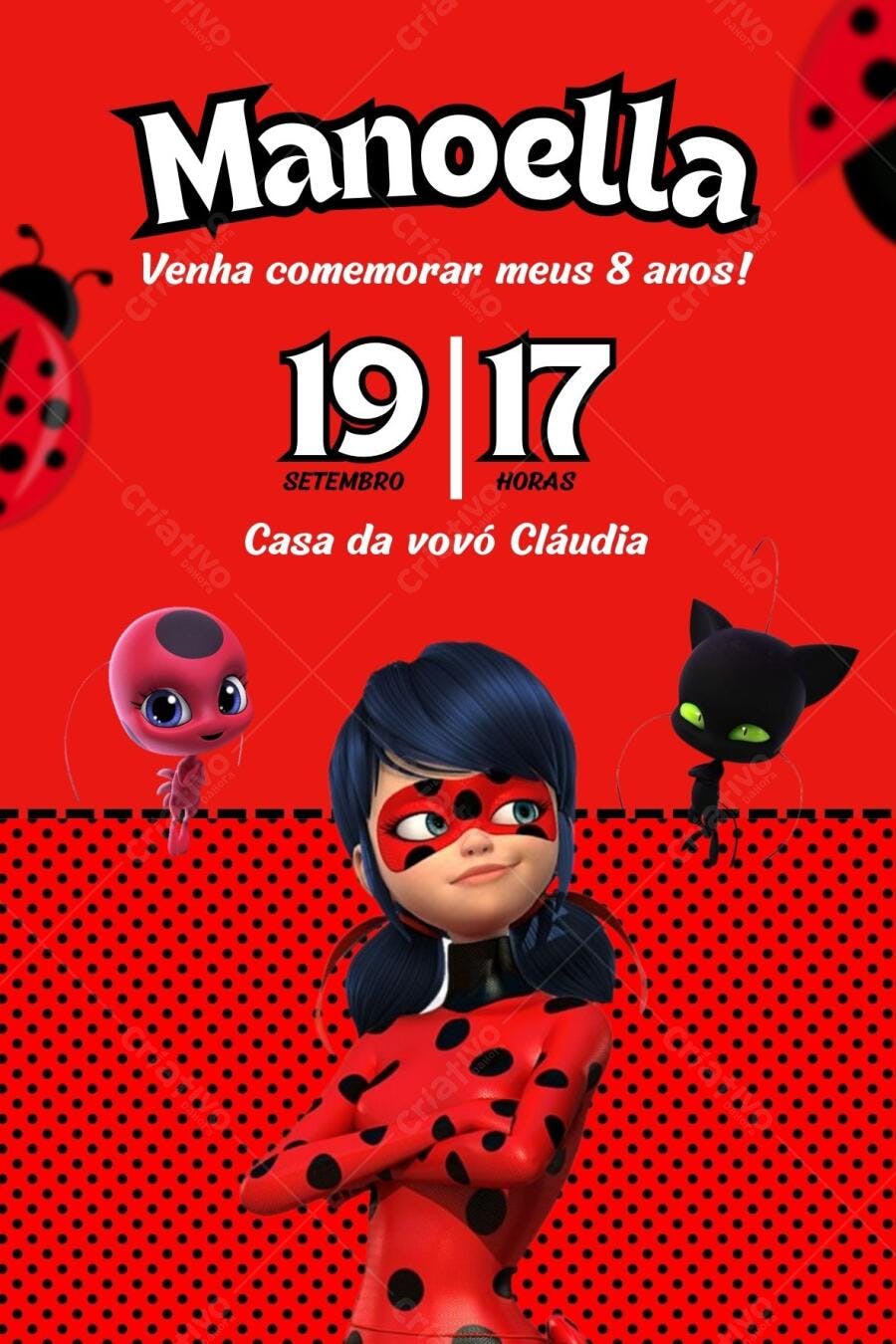 Convite de Aniversário Infantil Ladybug e Cat Noir Editável no Canva