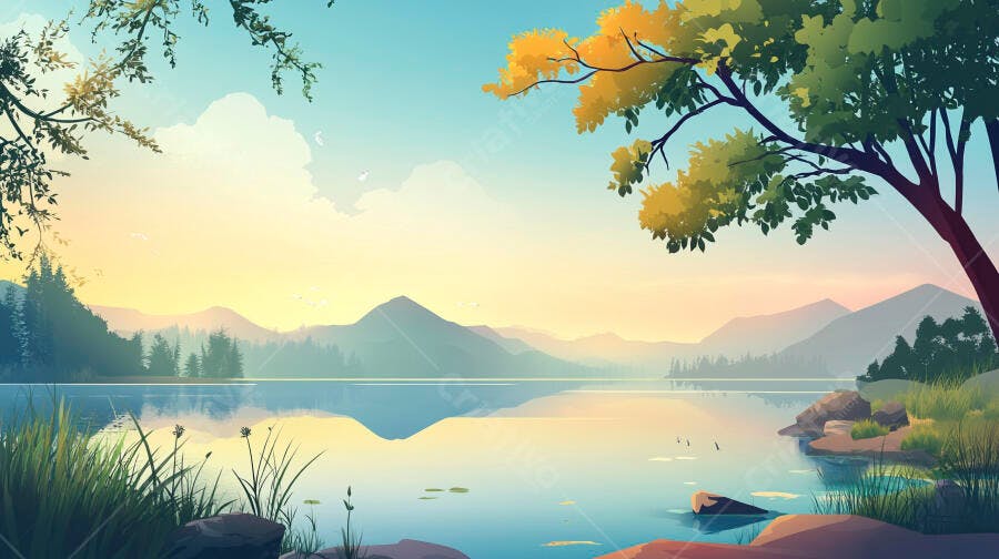 Paisagem serena lago montanhas ao amanhecer