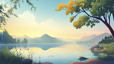Lago Sereno ao Amanhecer com Reflexo Dourado e Paisagem Natural Tranquila