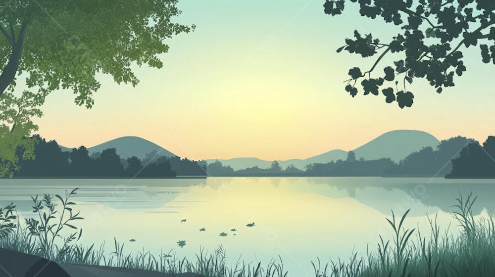 Lago Sereno ao Amanhecer com Reflexo Dourado e Paisagem Natural Tranquila