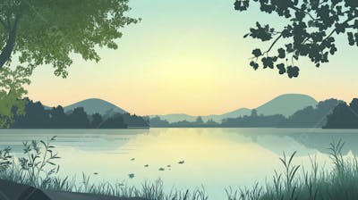 Lago Sereno ao Amanhecer com Reflexo Dourado e Paisagem Natural Tranquila