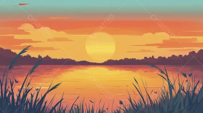 Lago Sereno ao Amanhecer com Reflexo Dourado e Paisagem Natural Tranquila
