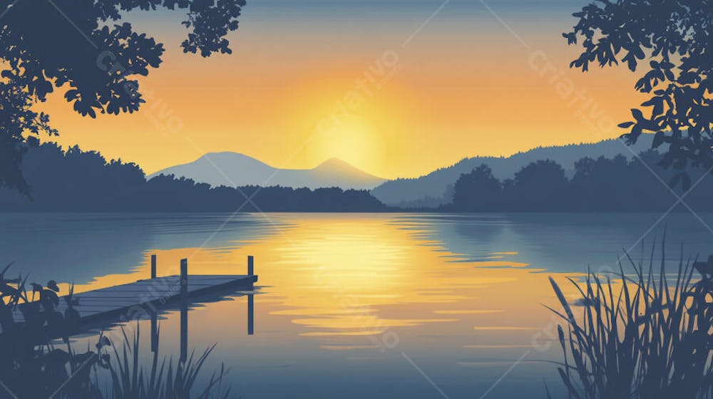 Lago Sereno ao Amanhecer com Reflexo Dourado e Paisagem Natural Tranquila