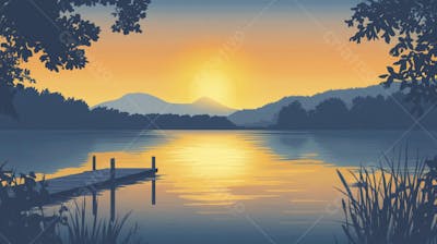 Lago Sereno ao Amanhecer com Reflexo Dourado e Paisagem Natural Tranquila
