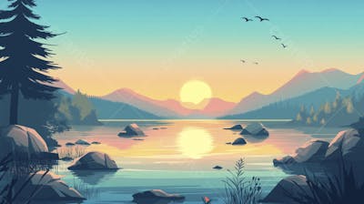 Lago Sereno ao Amanhecer com Reflexo Dourado e Paisagem Natural Tranquila