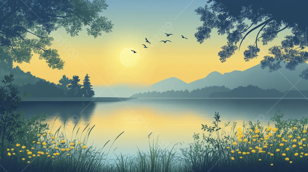 Lago Sereno ao Amanhecer com Reflexo Dourado e Paisagem Natural Tranquila