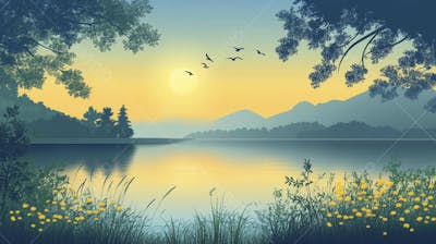 Lago Sereno ao Amanhecer com Reflexo Dourado e Paisagem Natural Tranquila
