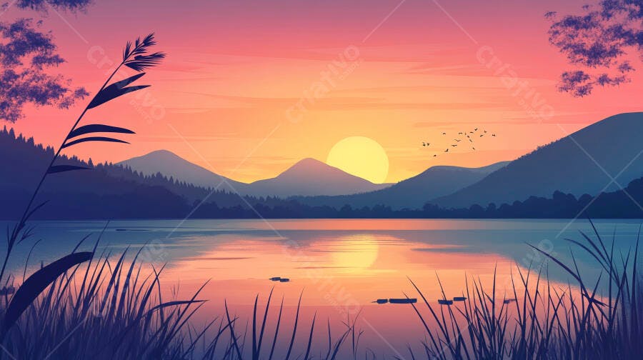 Paisagem de pôr do sol laranja sobre lago e montanhas