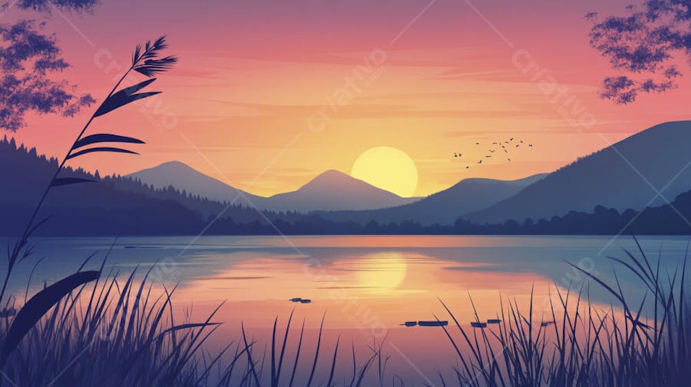 Lago Sereno ao Amanhecer com Reflexo Dourado e Paisagem Natural Tranquila
