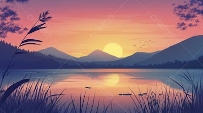 Lago Sereno ao Amanhecer com Reflexo Dourado e Paisagem Natural Tranquila