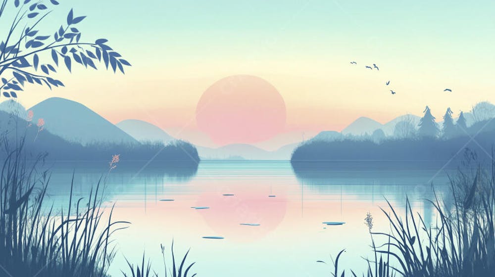 Lago Sereno ao Amanhecer com Reflexo Dourado e Paisagem Natural Tranquila