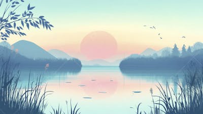 Lago Sereno ao Amanhecer com Reflexo Dourado e Paisagem Natural Tranquila