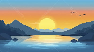 Lago Sereno ao Amanhecer com Reflexo Dourado e Paisagem Natural Tranquila