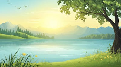 Lago Sereno ao Amanhecer com Reflexo Dourado e Paisagem Natural Tranquila
