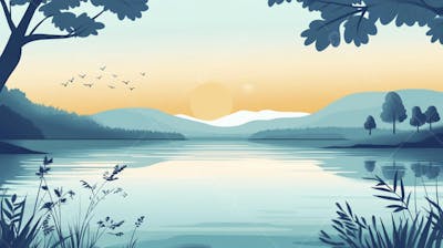 Lago Sereno ao Amanhecer com Reflexo Dourado e Paisagem Natural Tranquila