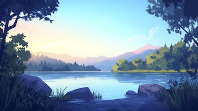 Lago Sereno ao Amanhecer com Reflexo Dourado e Paisagem Natural Tranquila