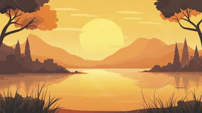 Lago Sereno ao Amanhecer com Reflexo Dourado e Paisagem Natural Tranquila