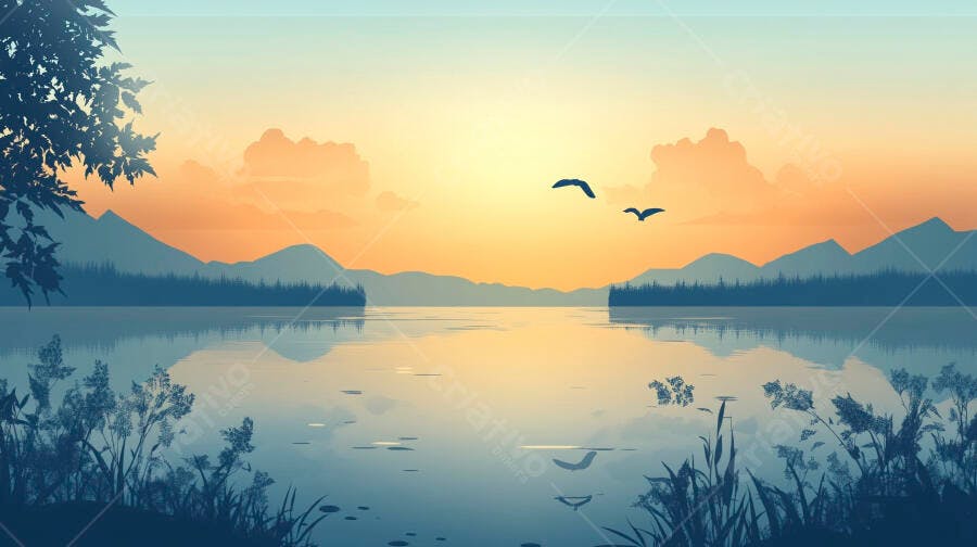 Paisagem de lago ao pôr do sol