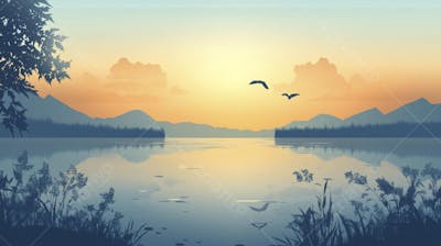 Lago Sereno ao Amanhecer com Reflexo Dourado e Paisagem Natural Tranquila