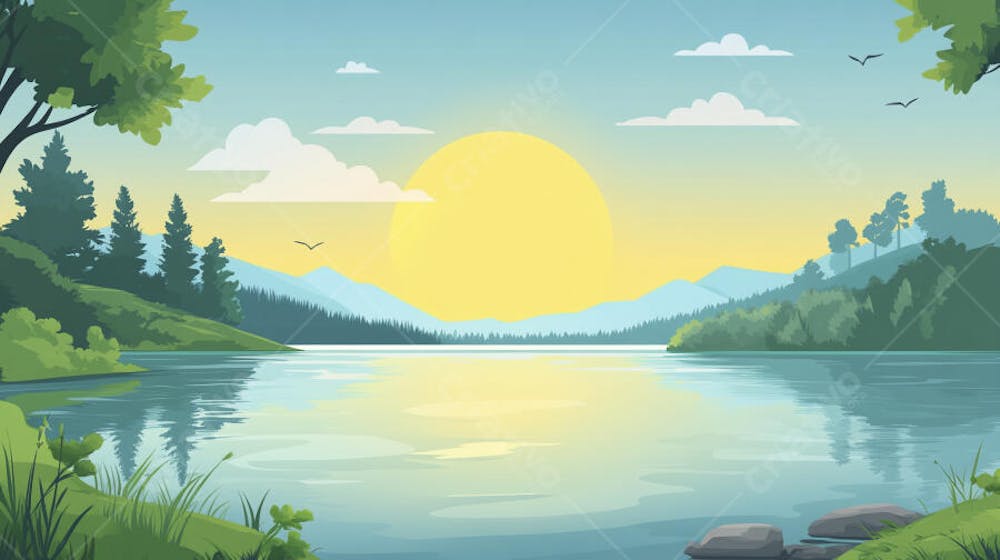 Lago Sereno ao Amanhecer com Reflexo Dourado e Paisagem Natural Tranquila
