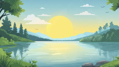 Lago Sereno ao Amanhecer com Reflexo Dourado e Paisagem Natural Tranquila