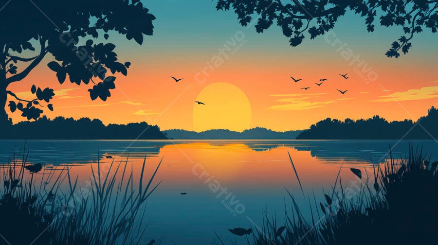 Paisagem de Por do Sol Laranja sobre Lago