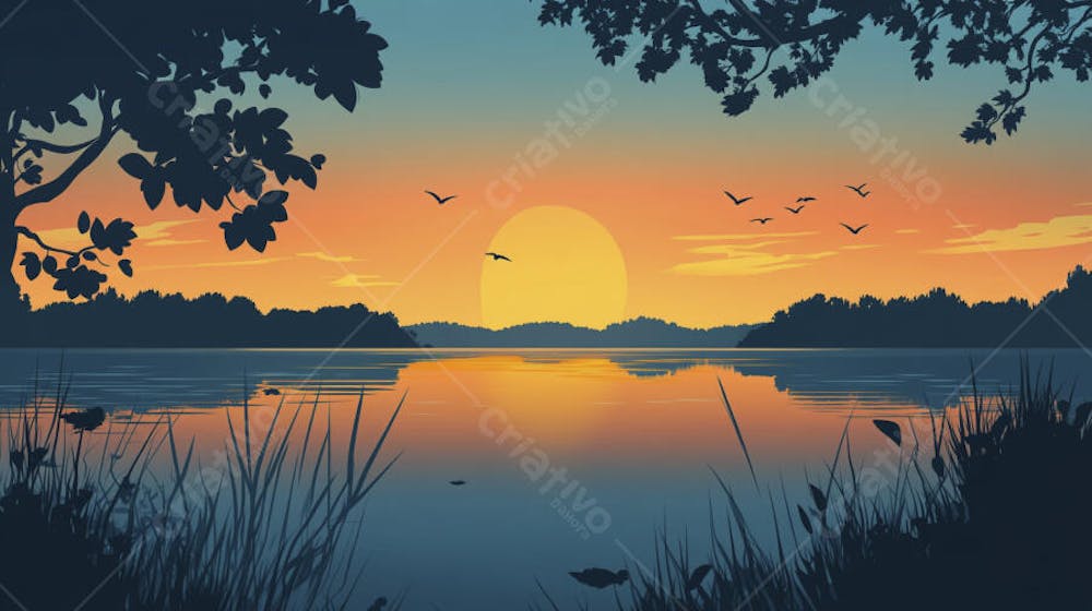 Lago Sereno ao Amanhecer com Reflexo Dourado e Paisagem Natural Tranquila