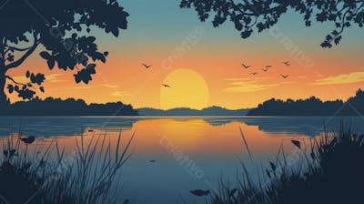 Lago Sereno ao Amanhecer com Reflexo Dourado e Paisagem Natural Tranquila