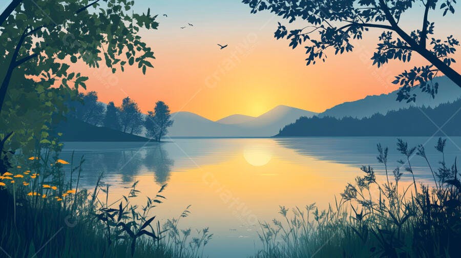 Paisagem de lago ao pôr do sol