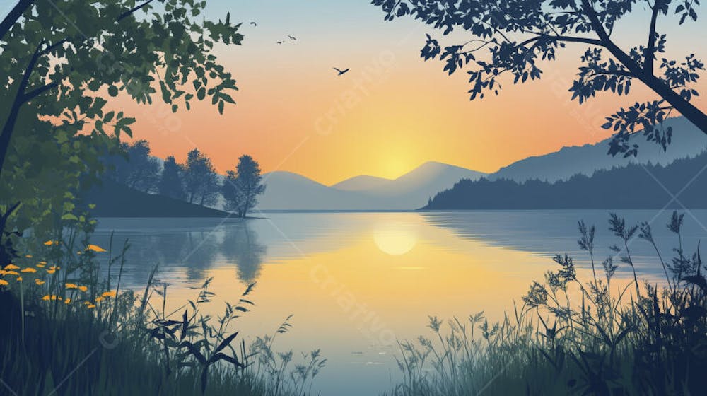 Lago Sereno ao Amanhecer com Reflexo Dourado e Paisagem Natural Tranquila