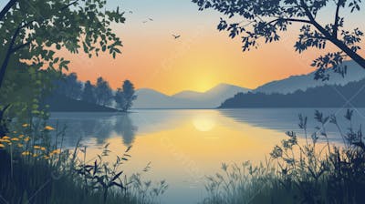 Lago Sereno ao Amanhecer com Reflexo Dourado e Paisagem Natural Tranquila