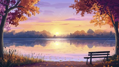 Lago Sereno ao Amanhecer com Reflexo Dourado e Paisagem Natural Tranquila