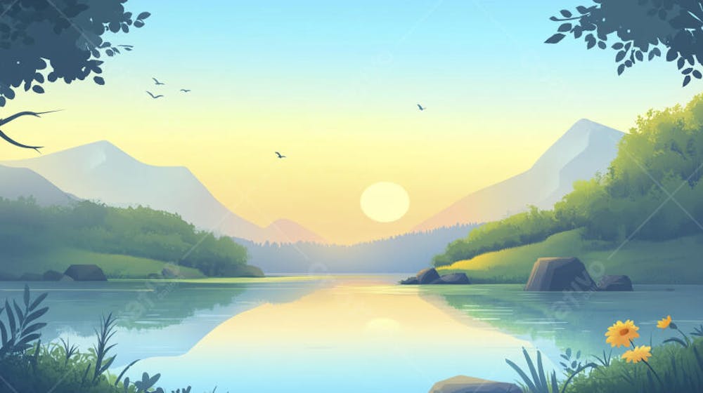 Lago Sereno ao Amanhecer com Reflexo Dourado e Paisagem Natural Tranquila