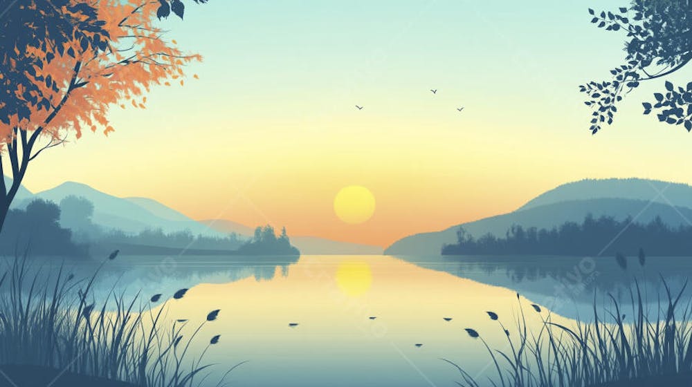 Lago Sereno ao Amanhecer com Reflexo Dourado e Paisagem Natural Tranquila