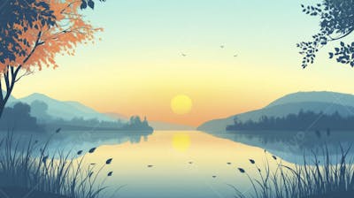 Lago Sereno ao Amanhecer com Reflexo Dourado e Paisagem Natural Tranquila