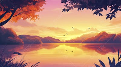 Lago Sereno ao Amanhecer com Reflexo Dourado e Paisagem Natural Tranquila