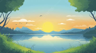 Lago Sereno ao Amanhecer com Reflexo Dourado e Paisagem Natural Tranquila