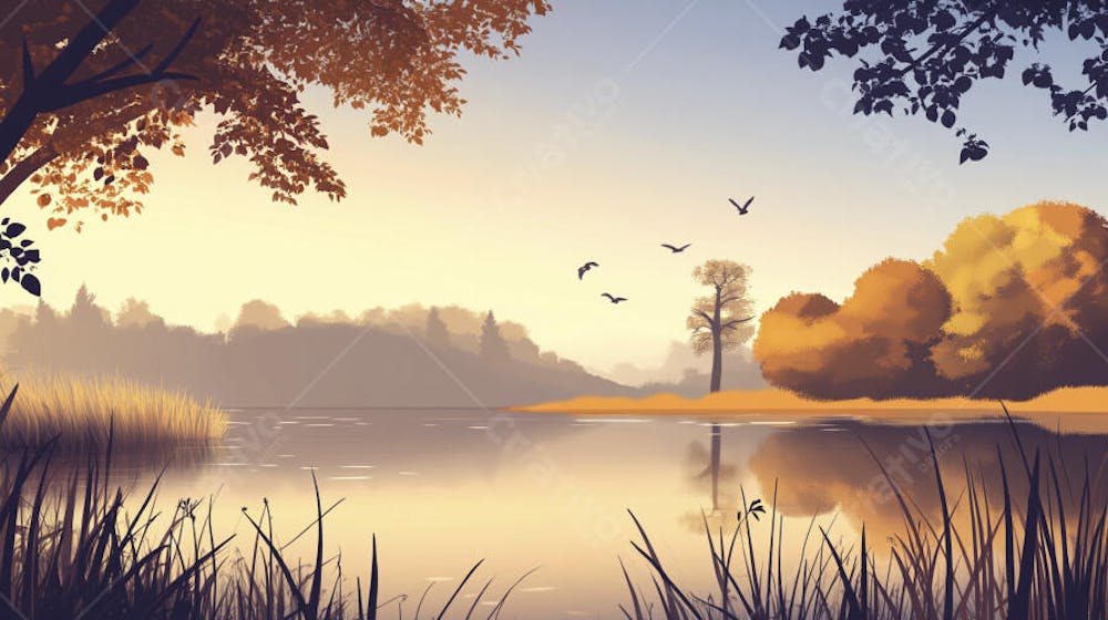 Lago Sereno ao Amanhecer com Reflexo Dourado e Paisagem Natural Tranquila