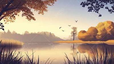 Lago Sereno ao Amanhecer com Reflexo Dourado e Paisagem Natural Tranquila