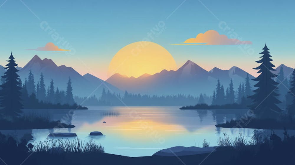 Lago Sereno ao Amanhecer com Reflexo Dourado e Paisagem Natural Tranquila