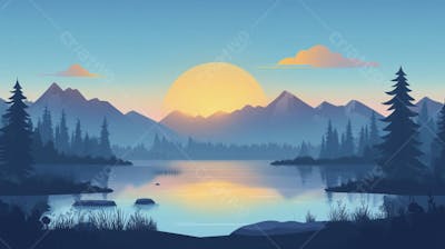 Lago Sereno ao Amanhecer com Reflexo Dourado e Paisagem Natural Tranquila