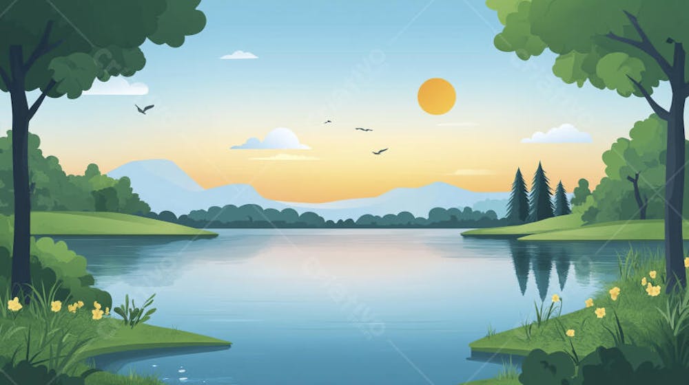 Lago Sereno ao Amanhecer com Reflexo Dourado e Paisagem Natural Tranquila