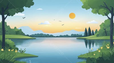 Lago Sereno ao Amanhecer com Reflexo Dourado e Paisagem Natural Tranquila