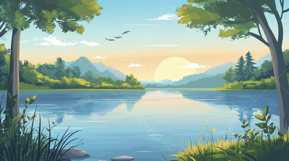 Lago Sereno ao Amanhecer com Reflexo Dourado e Paisagem Natural Tranquila