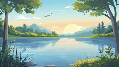 Lago Sereno ao Amanhecer com Reflexo Dourado e Paisagem Natural Tranquila